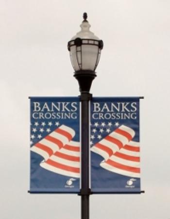 Banks Crossing American flag on light post