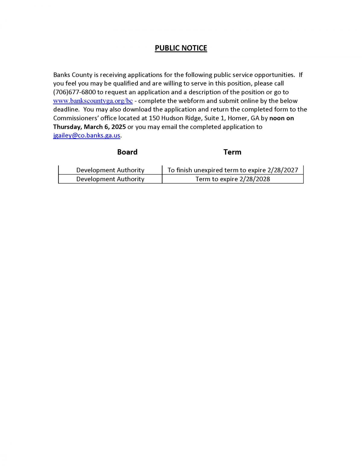 Public Notice of Board Vacancy